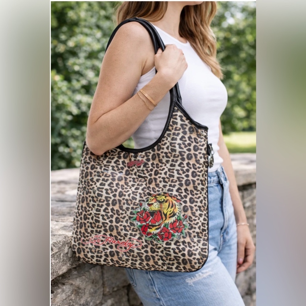Ed Hardy Leopard Shoulder Tote Bag with Tiger & Red Rose Graphic McBling / Y2K: